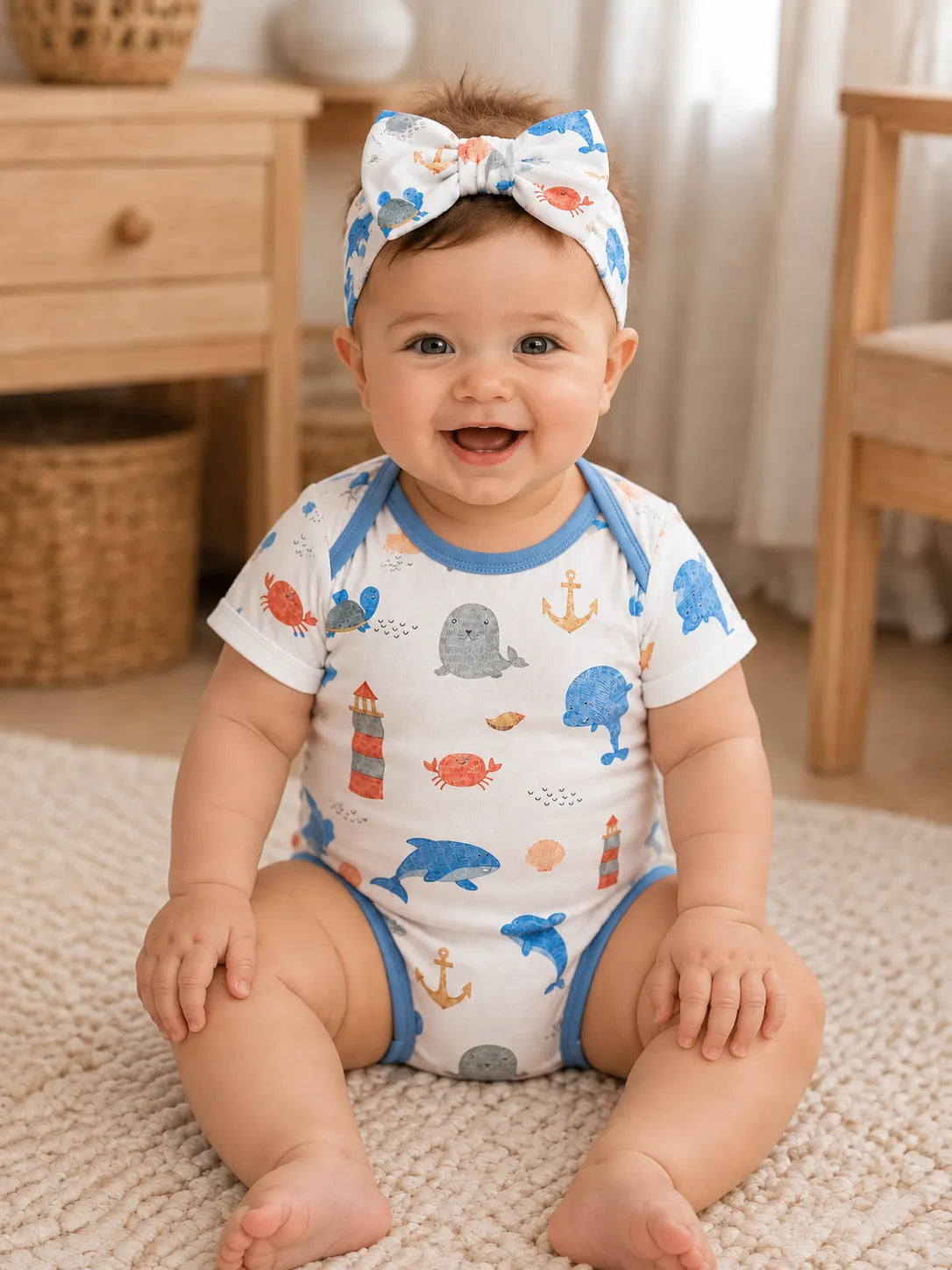 Baby wearing the Whale Harbor bow headband