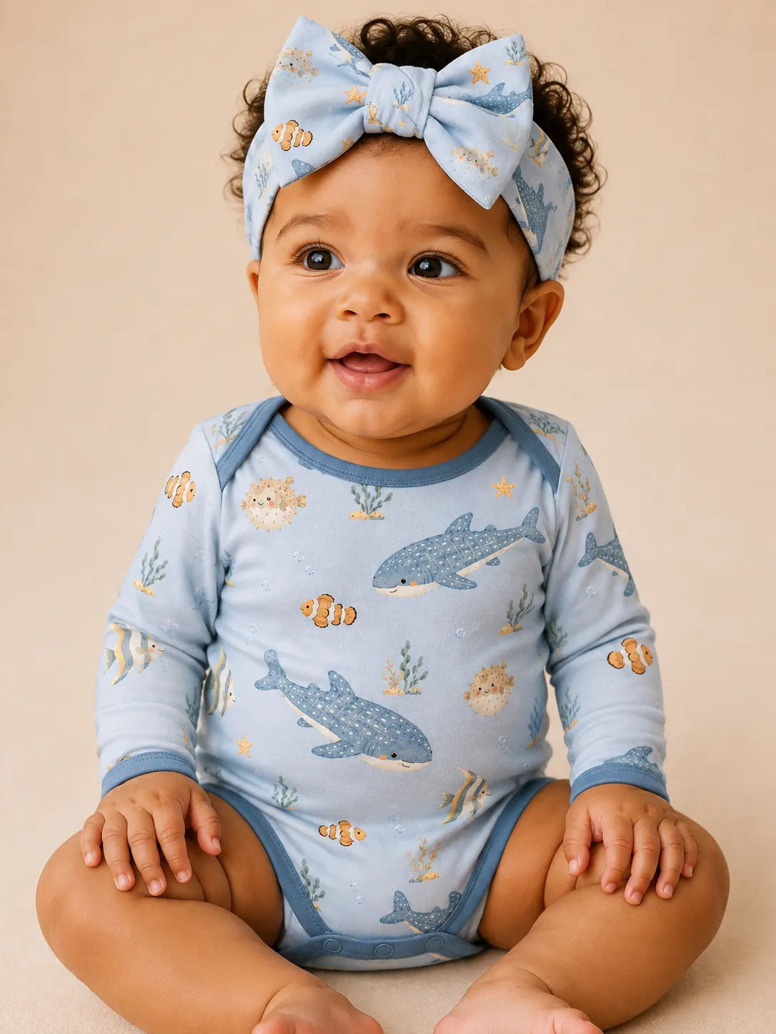 Baby wearing the Shark Cove bow headband