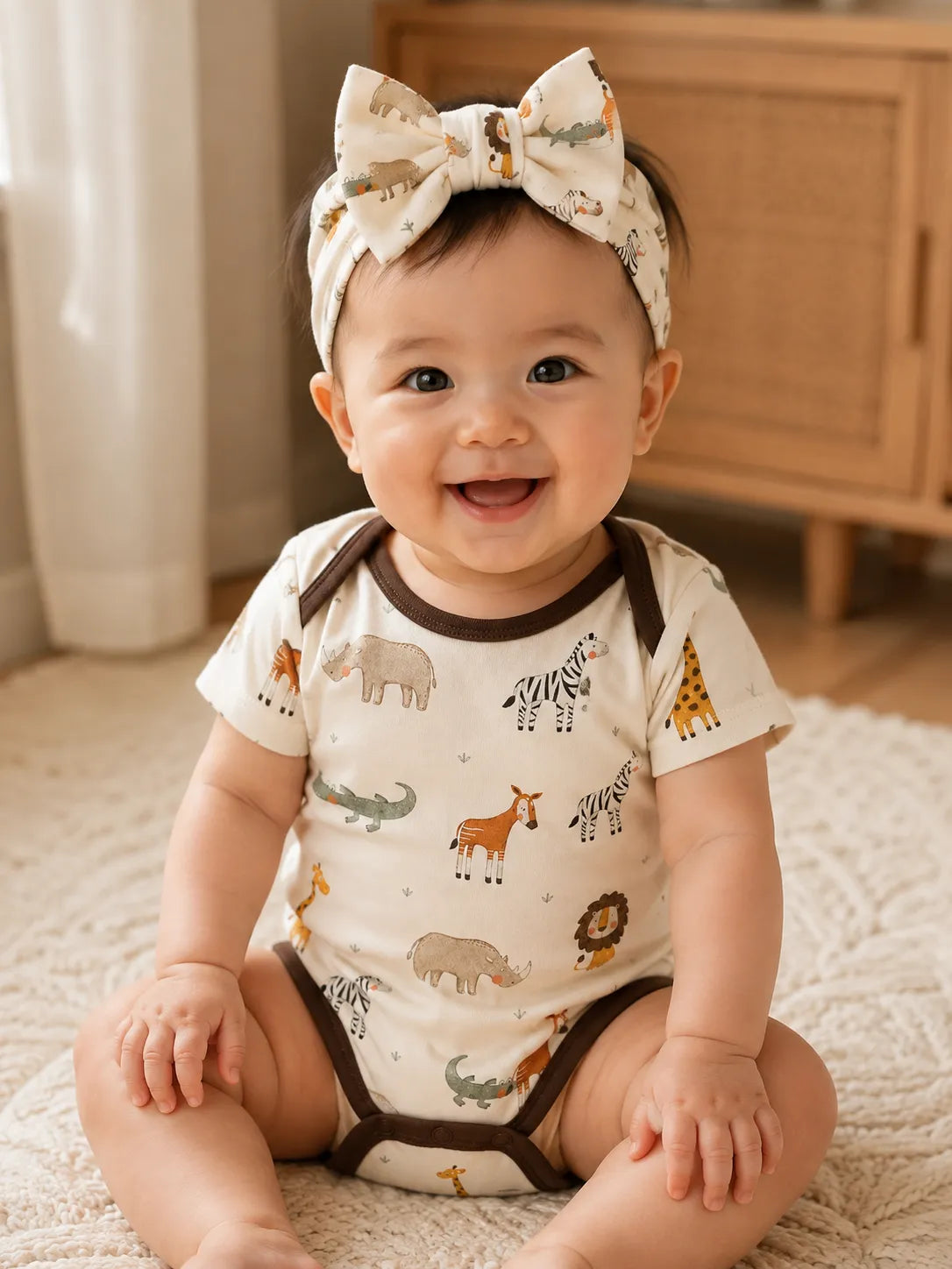 Baby wearing the Safari Friends bow headband