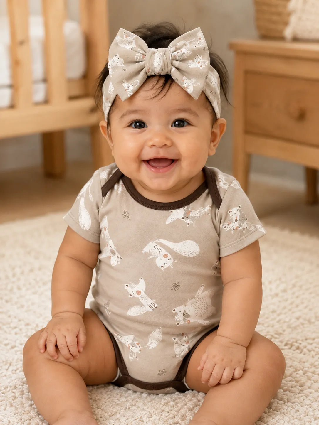 Baby wearing the Fox Meadow bow headband