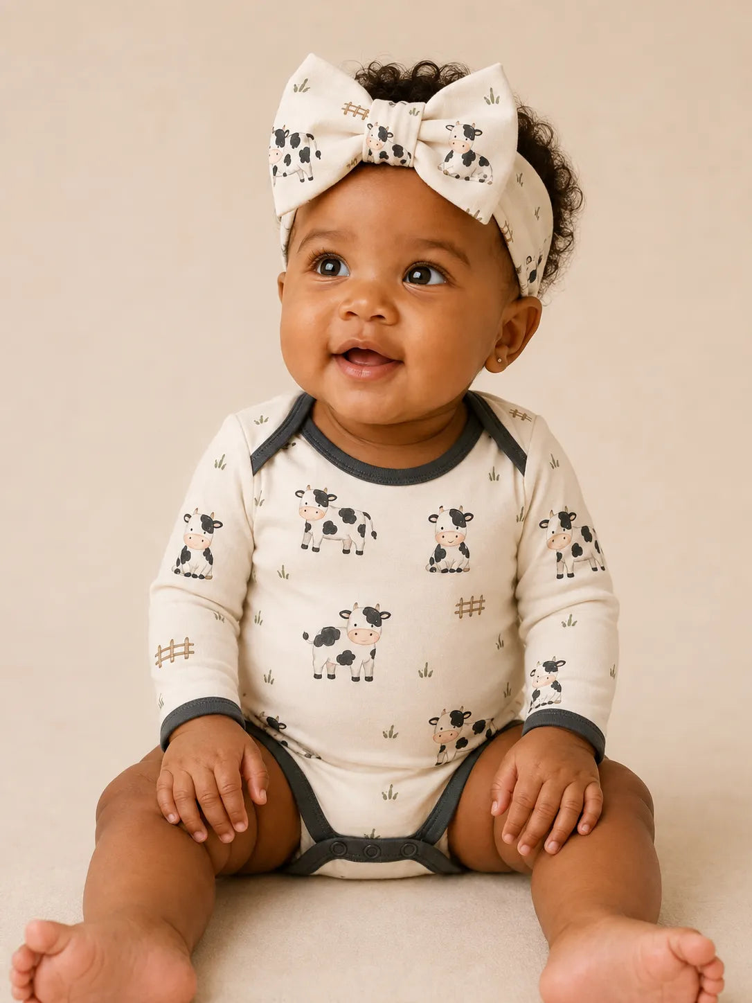 Baby wearing the Little Moo bow headband