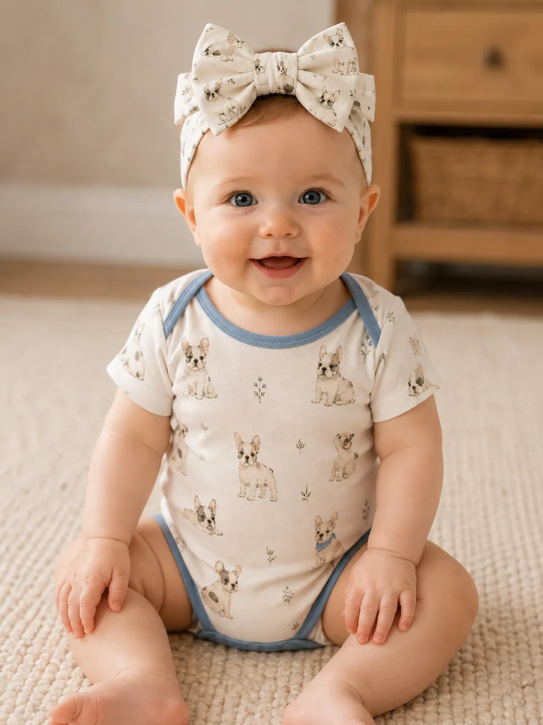 Baby wearing the Frenchie Friends bow headband