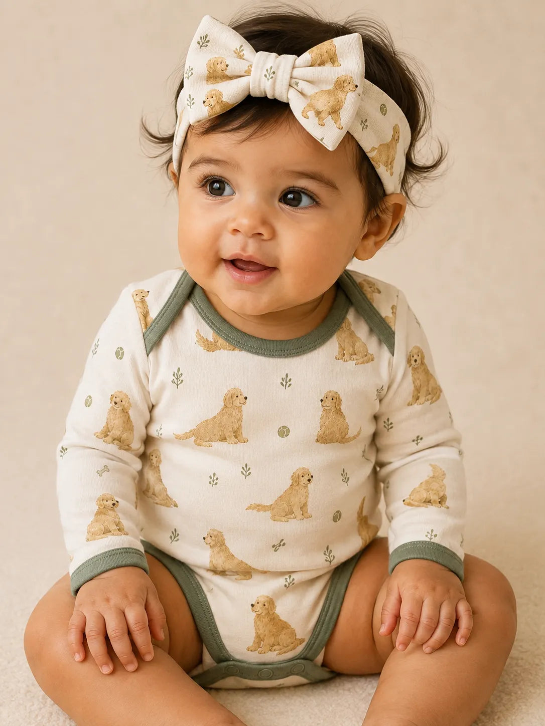 Baby wearing the Golden Days bow headband