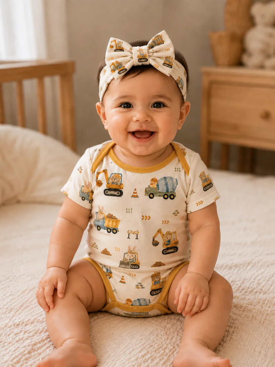Baby wearing the Construction Crew bow headband