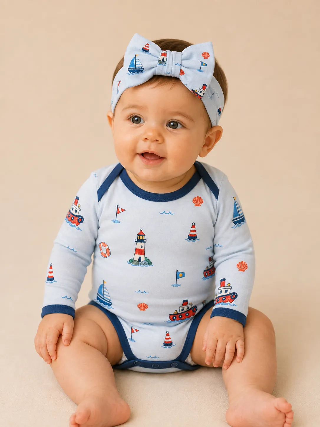 Baby wearing the Sail Away bow headband