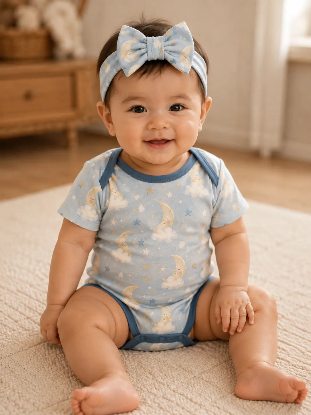 Baby wearing the Moonlit Dreams bow headband