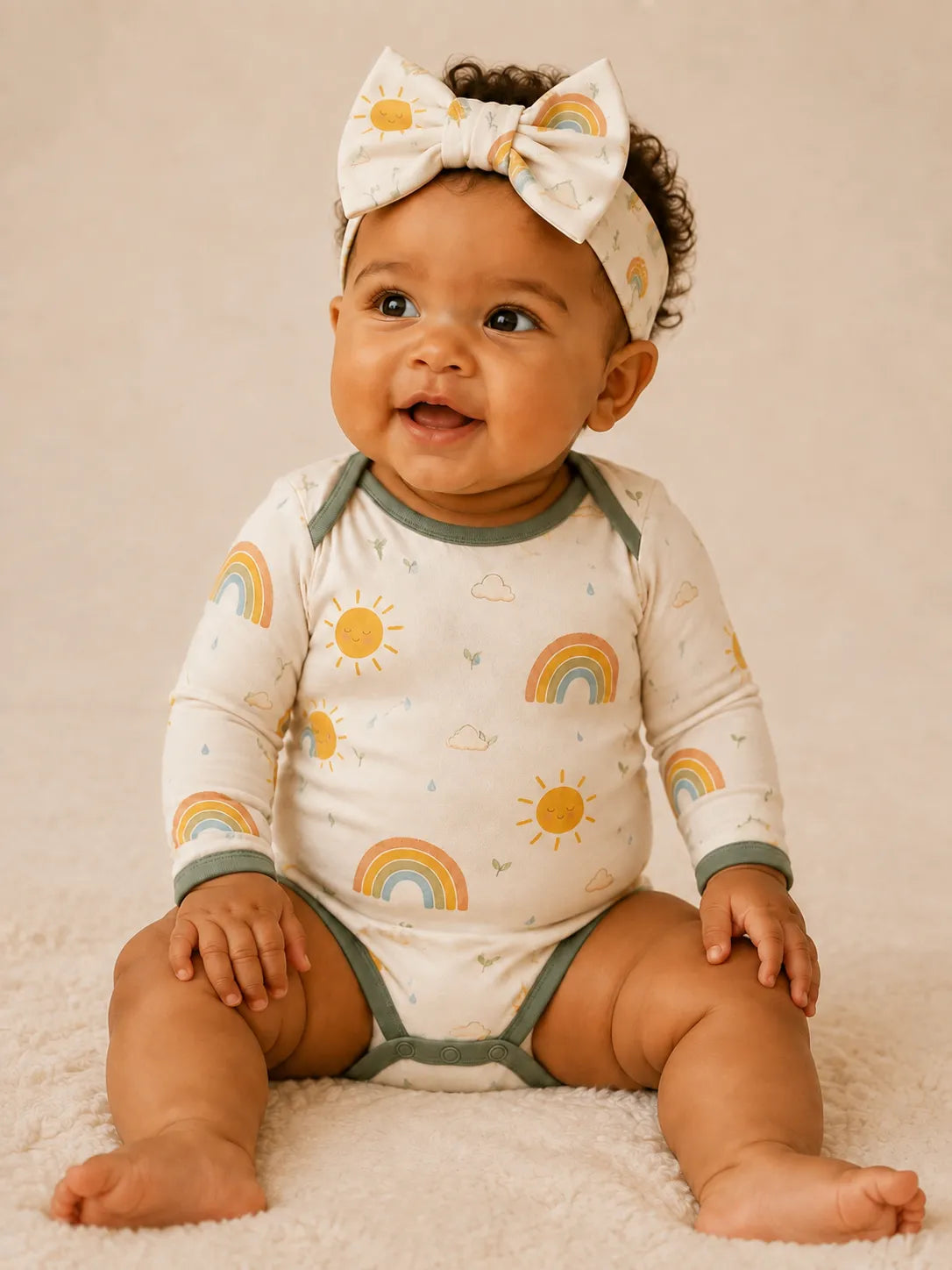Baby wearing the Sunny Skies bow headband