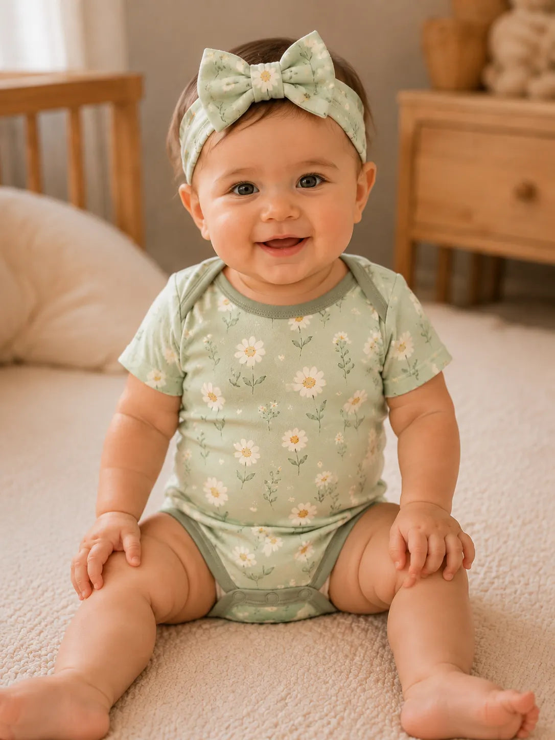 Baby wearing the Daisy Meadow bow headband