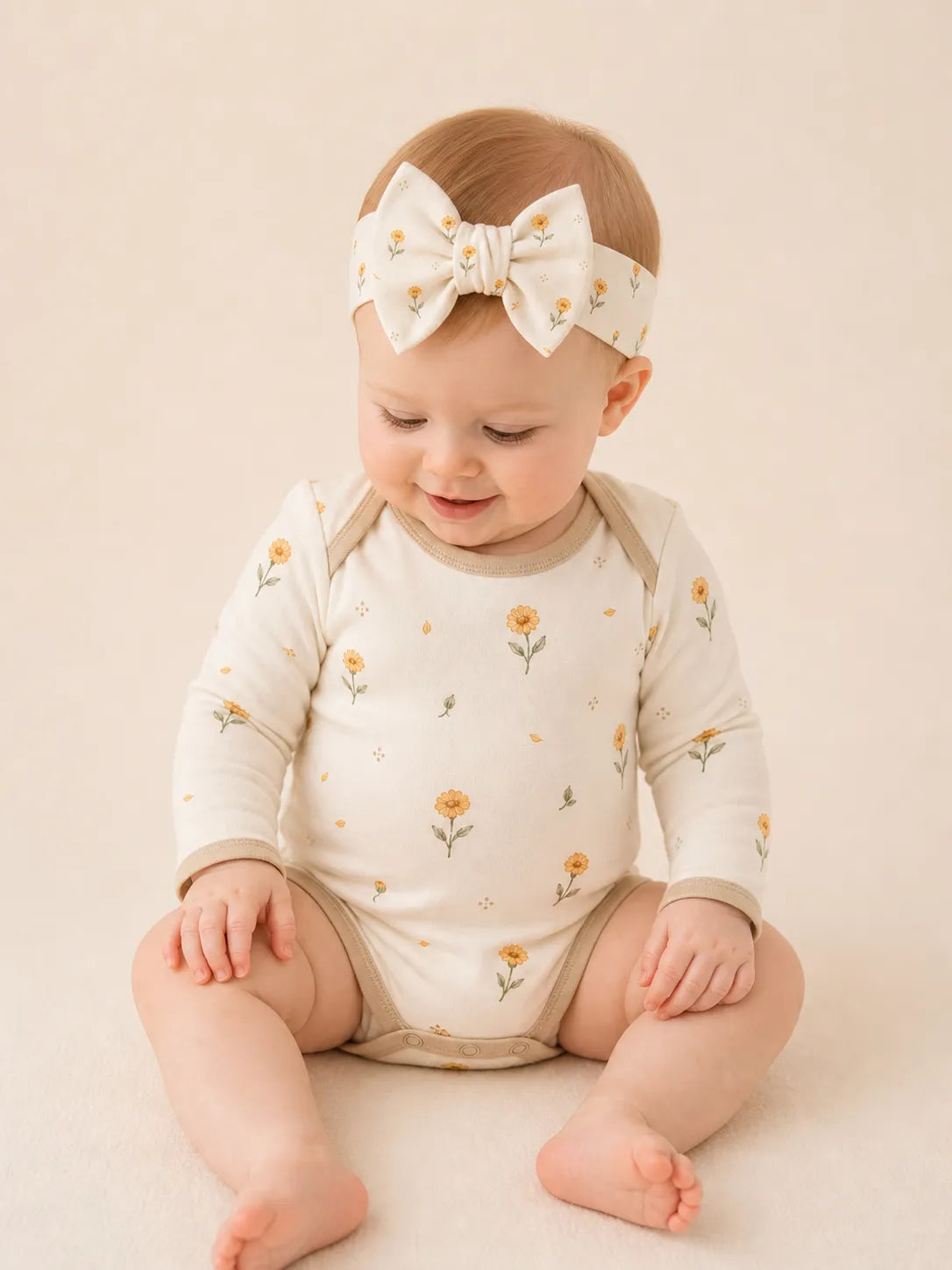 Baby wearing the Golden Bloom bow headband