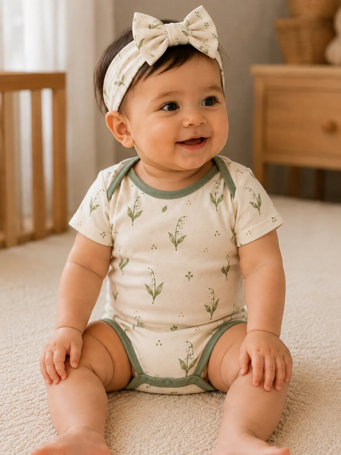 Baby wearing the Little Botanicals bow headband