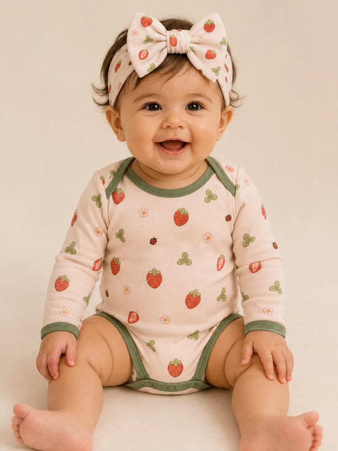 Baby wearing the Strawberry Fields bow headband