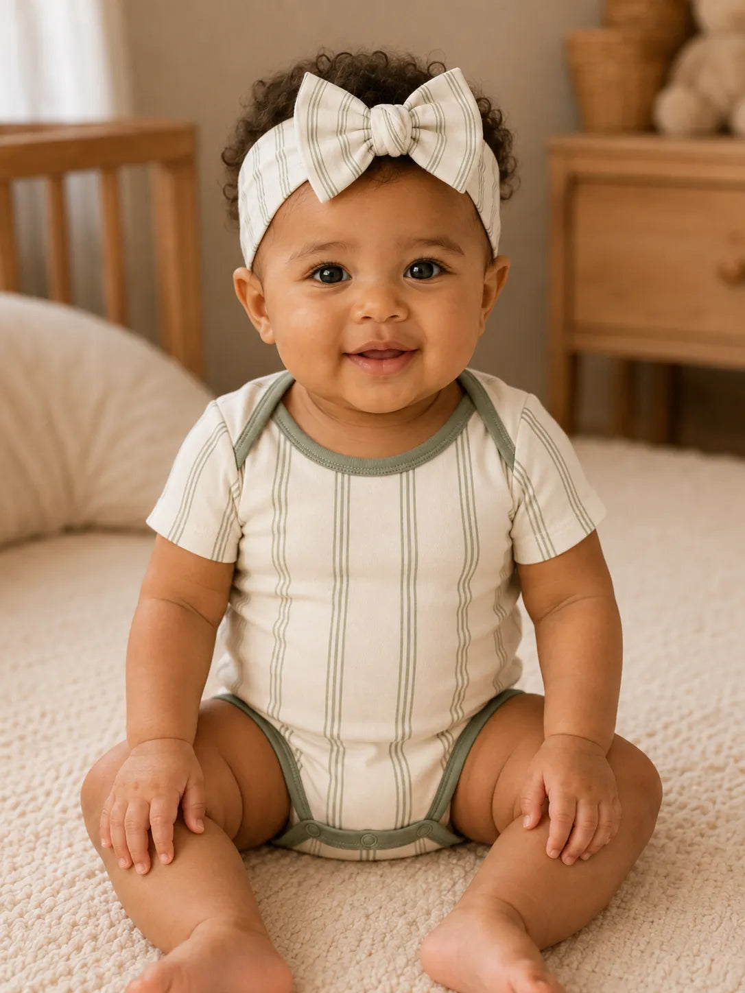 Baby wearing the Sage Stripe bow headband