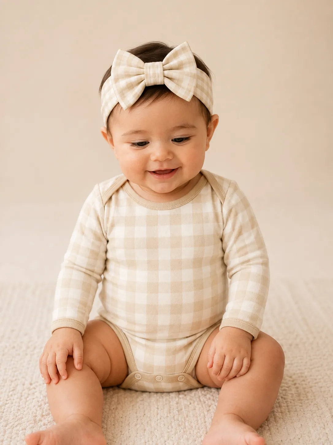 Baby wearing the Oat Gingham bow headband