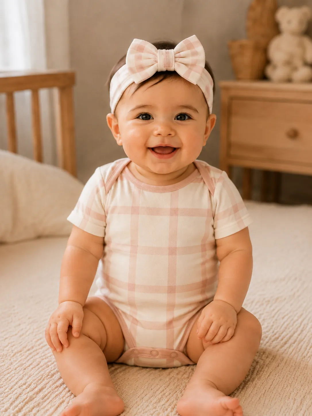 Baby wearing the Blush Plaid bow headband