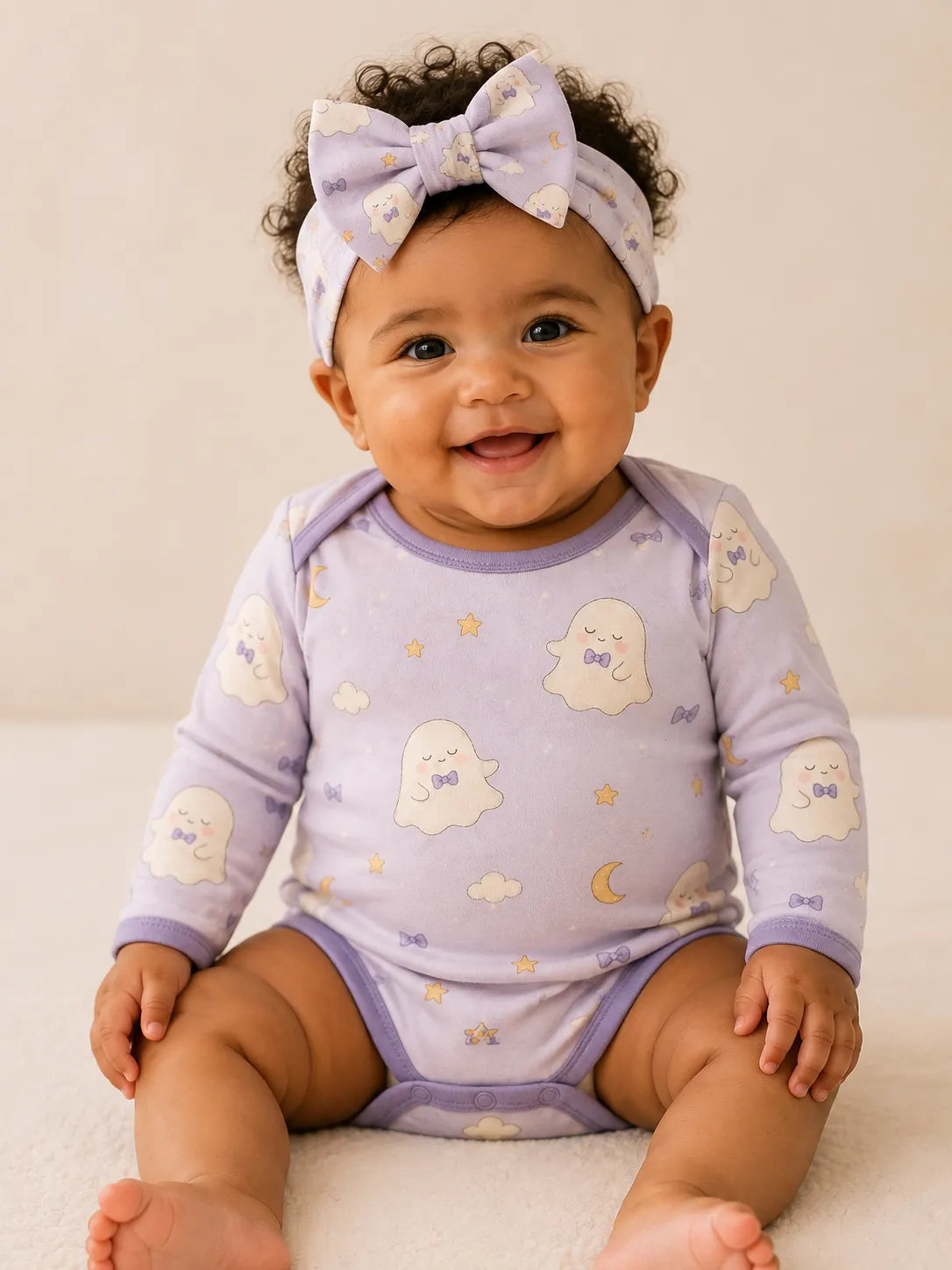 Baby wearing the Boo & Moon bow headband