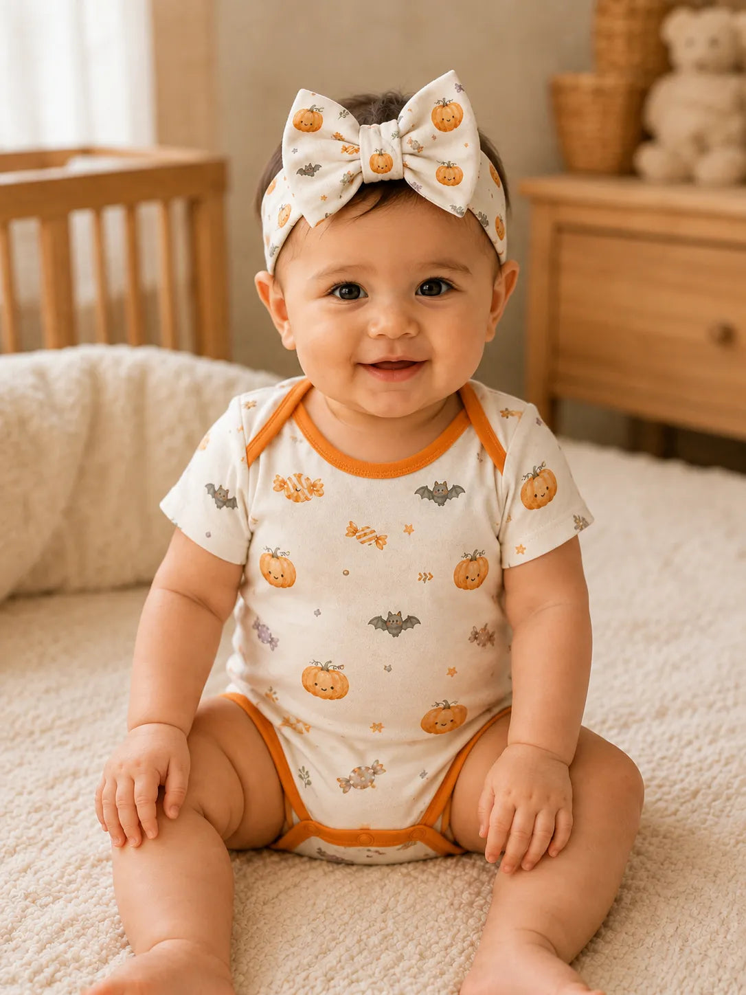 Baby wearing the Pumpkin Treats bow headband