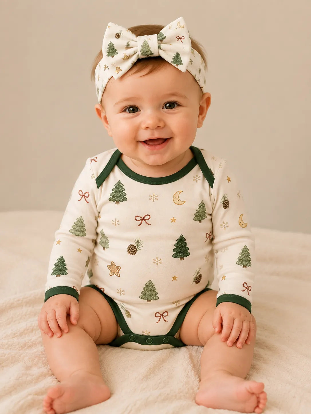 Baby wearing the Christmas Forest bow headband