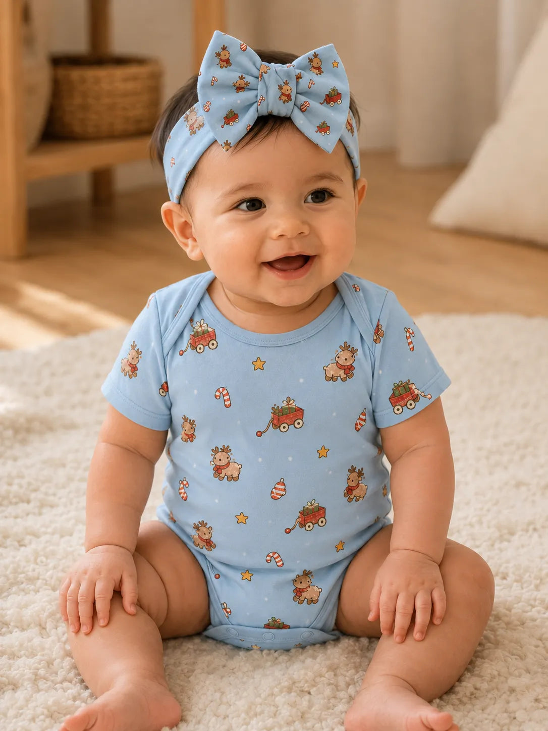 Baby wearing the Reindeer Ride bow headband