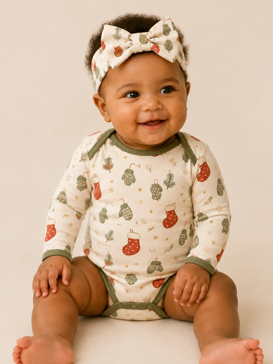 Baby wearing the Christmas Stockings bow headband