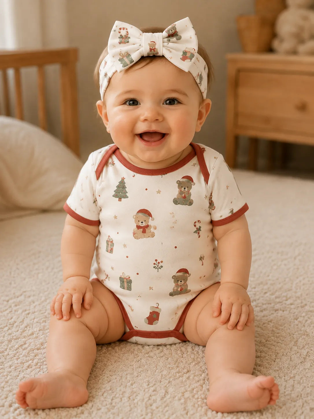 Baby wearing the Christmas Teddy bow headband