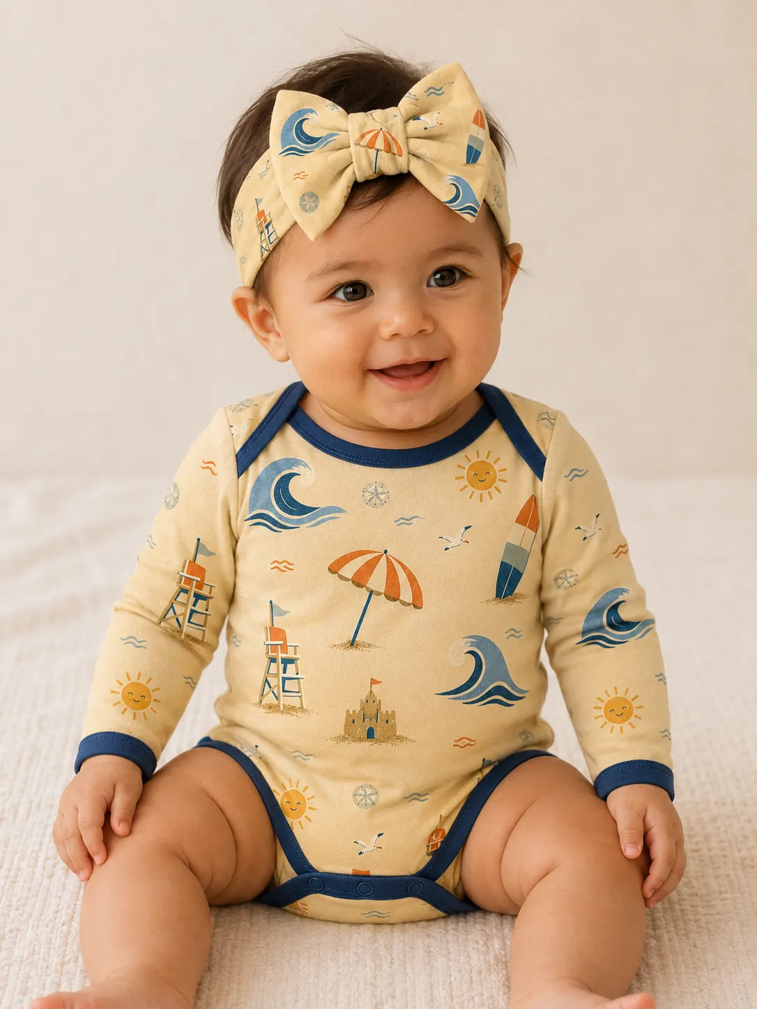 Baby wearing the Beach Day bow headband