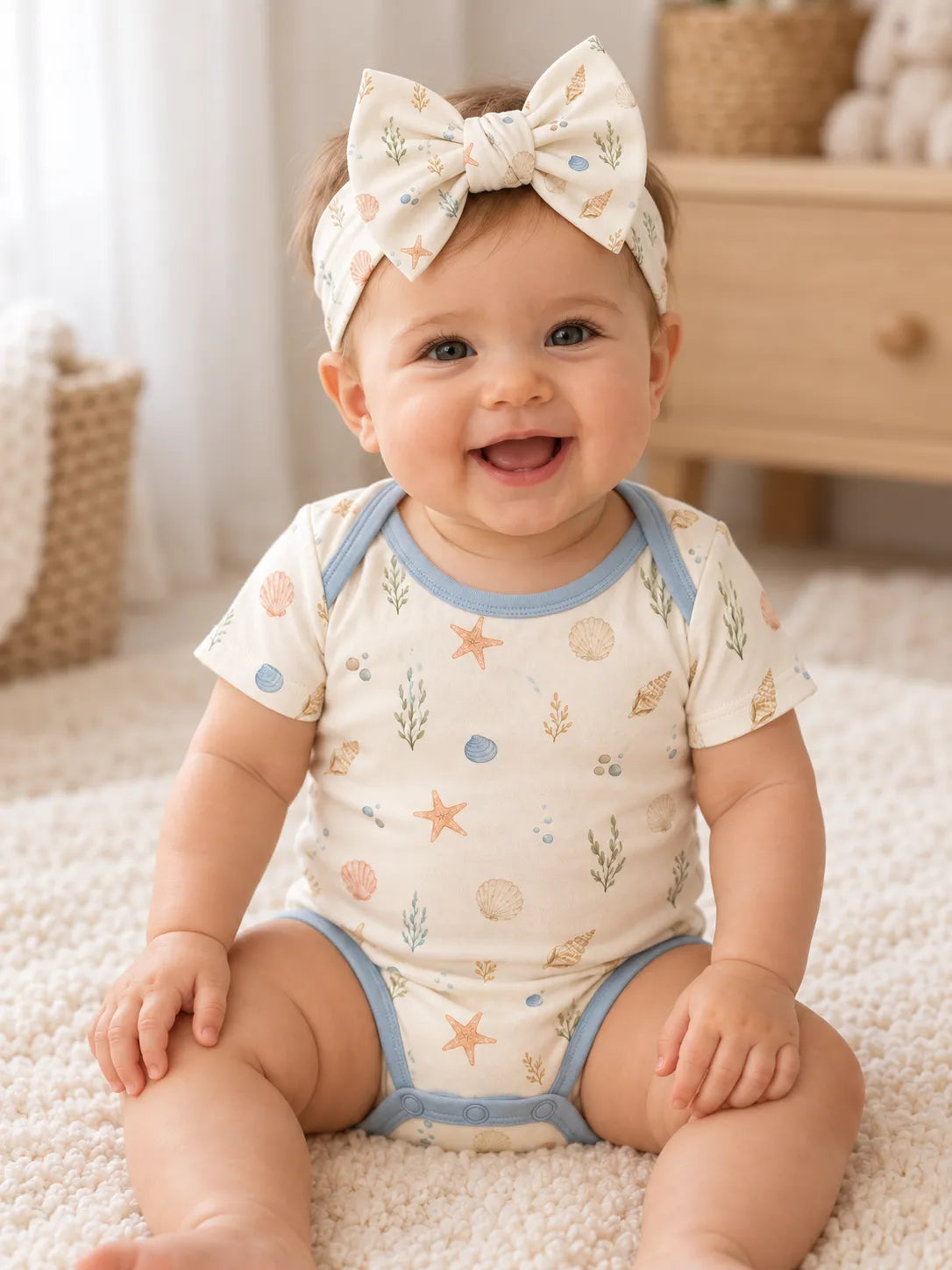 Baby wearing the Seaside Treasures bow headband