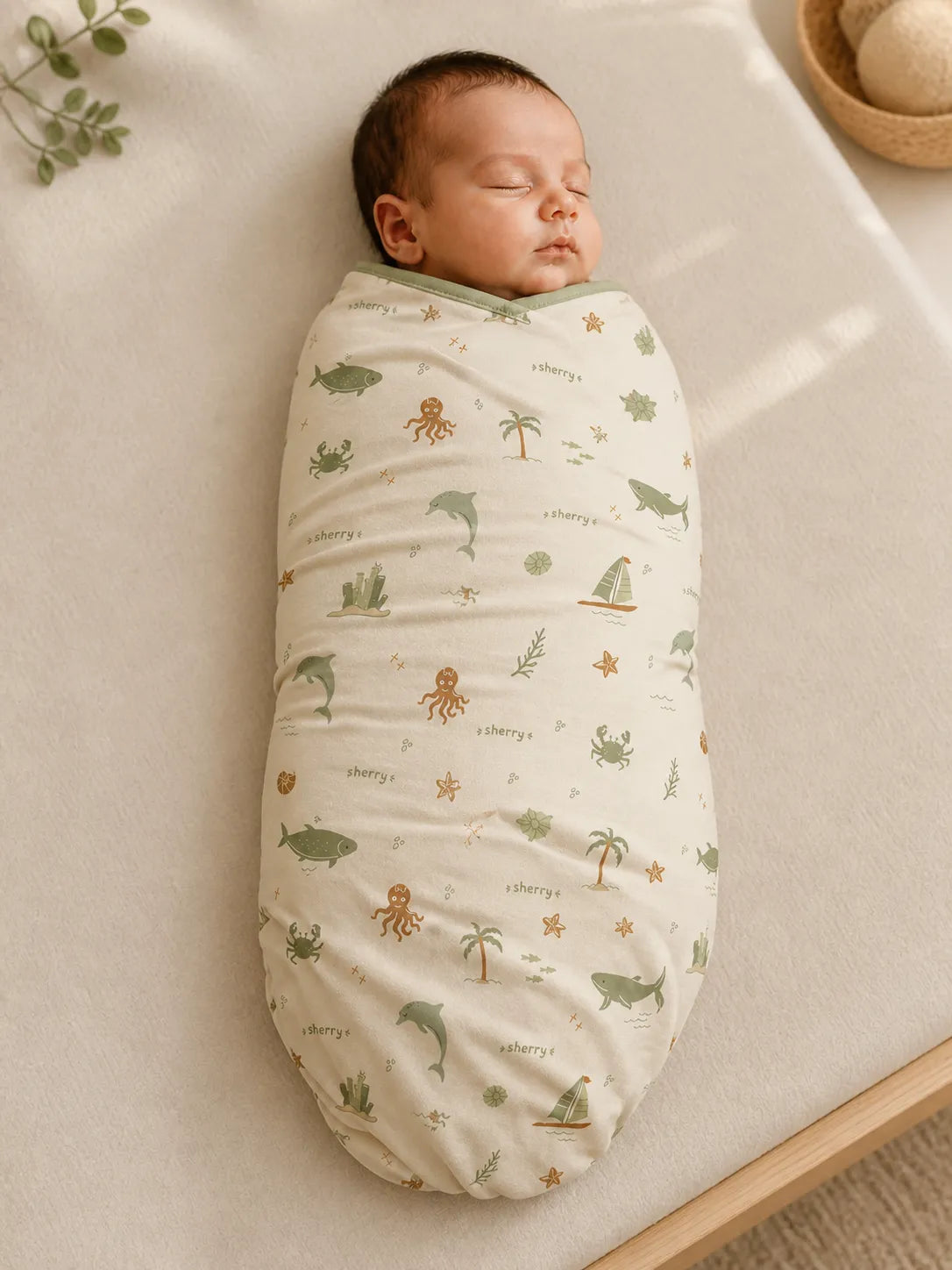 Baby cuddled in the Coastal Friends bamboo swaddle blanket at home