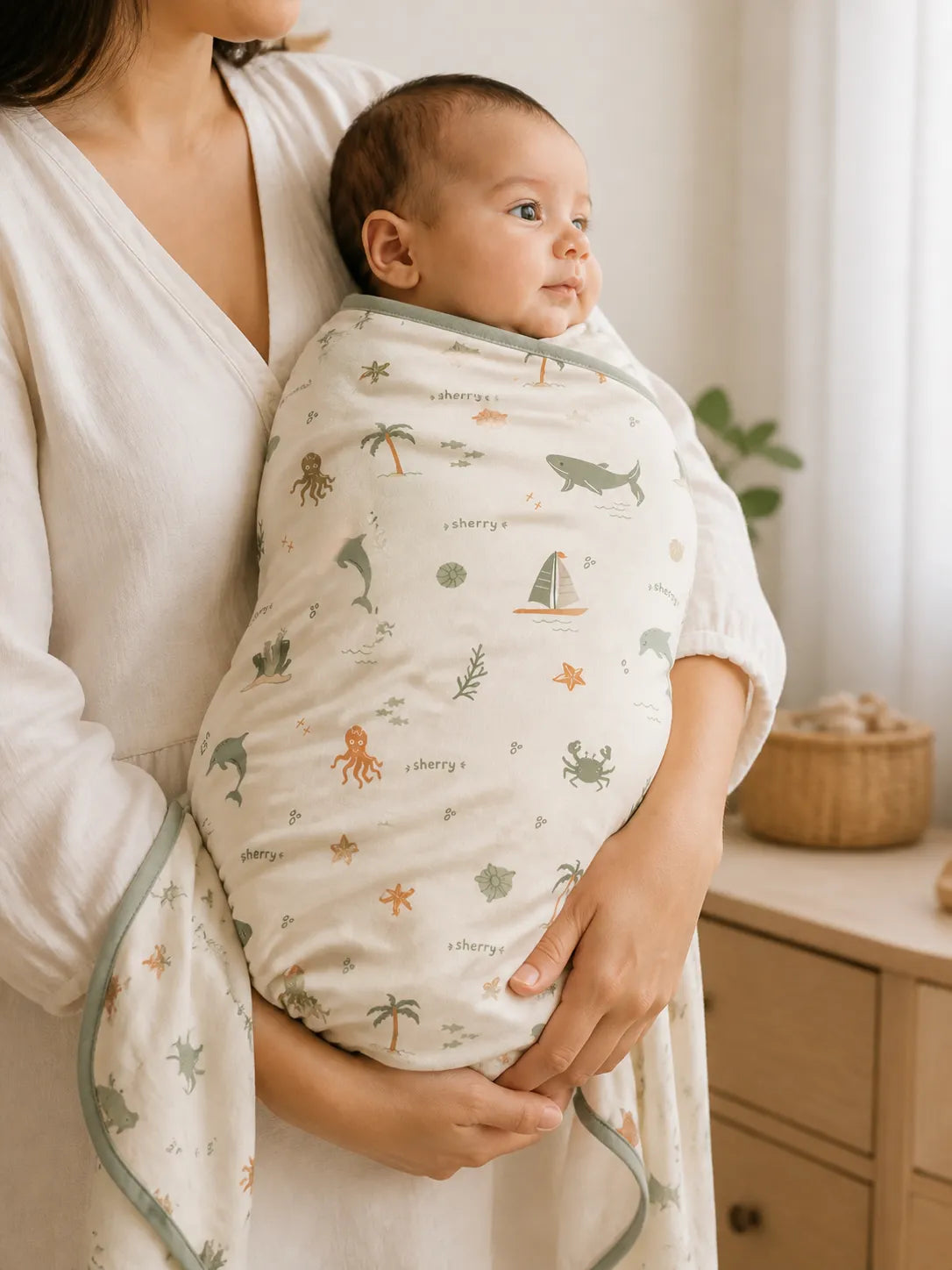 Baby wrapped in the Coastal Friends bamboo swaddle blanket
