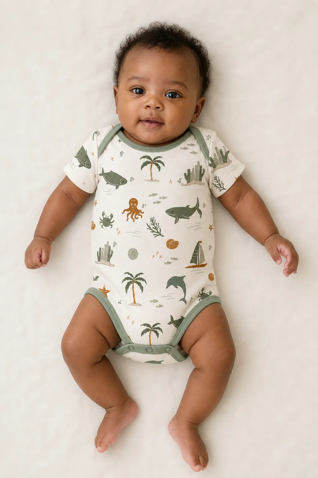 Baby wearing the Coastal Friends short sleeve bodysuit