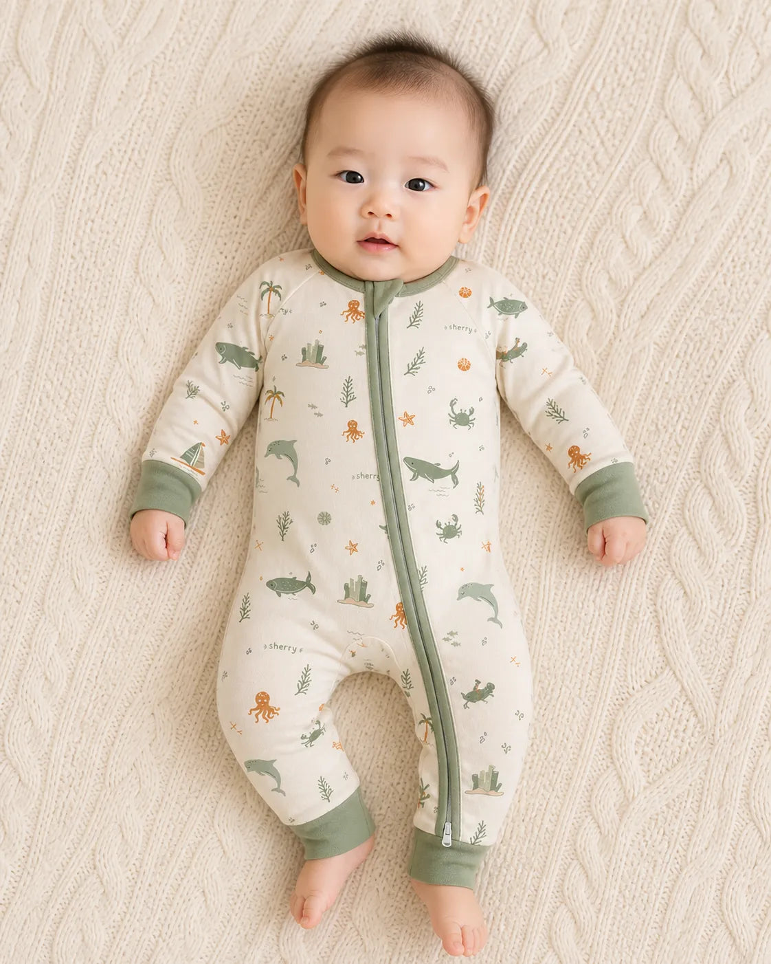 Baby playing at home in the Coastal Friends zipper romper