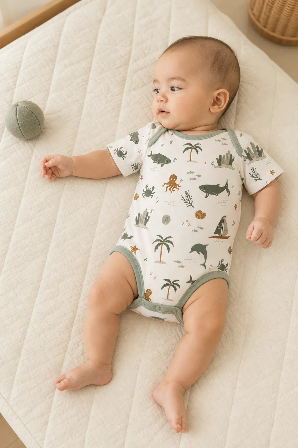 Baby playing comfortably in the Coastal Friends bamboo bodysuit