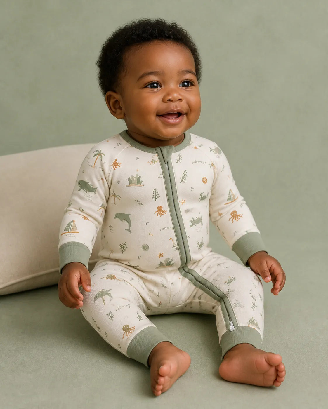 Baby wearing the Coastal Friends bamboo zipper romper