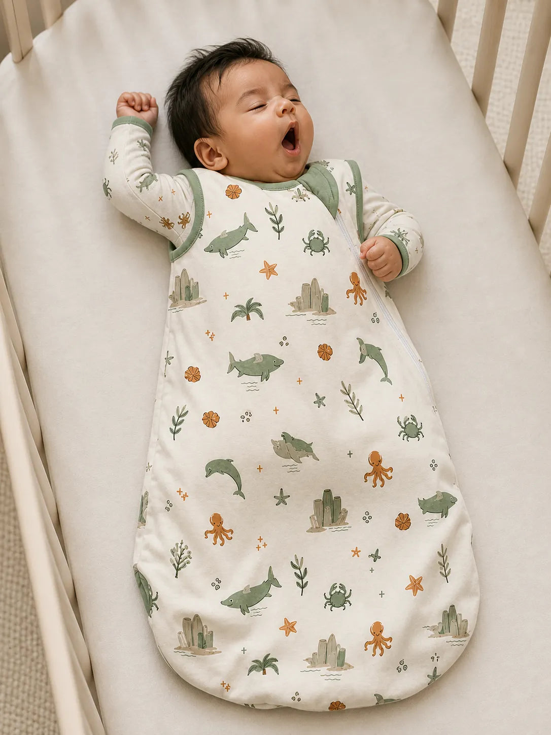Baby resting comfortably in the Coastal Friends bamboo sleep bag