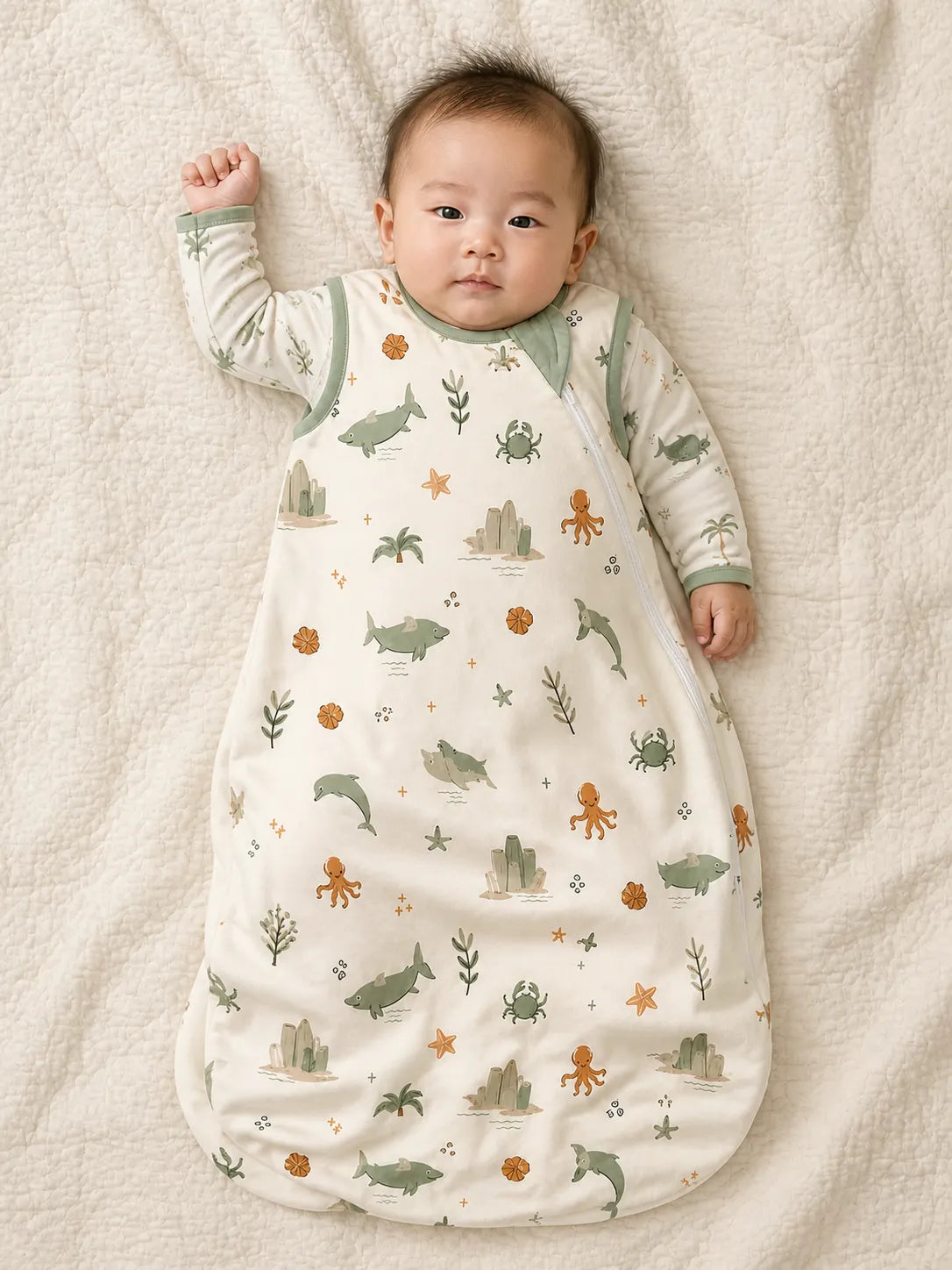 Baby wearing the Coastal Friends bamboo sleep bag
