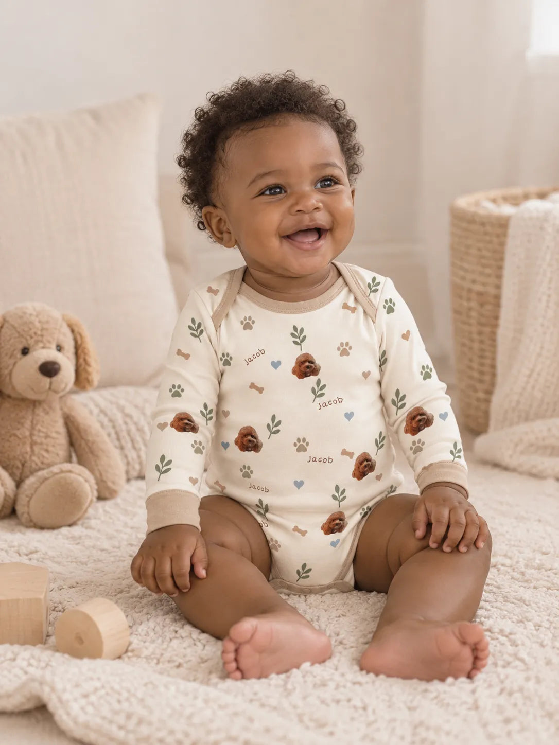 Baby wearing a personalized pet photo and name bodysuit
