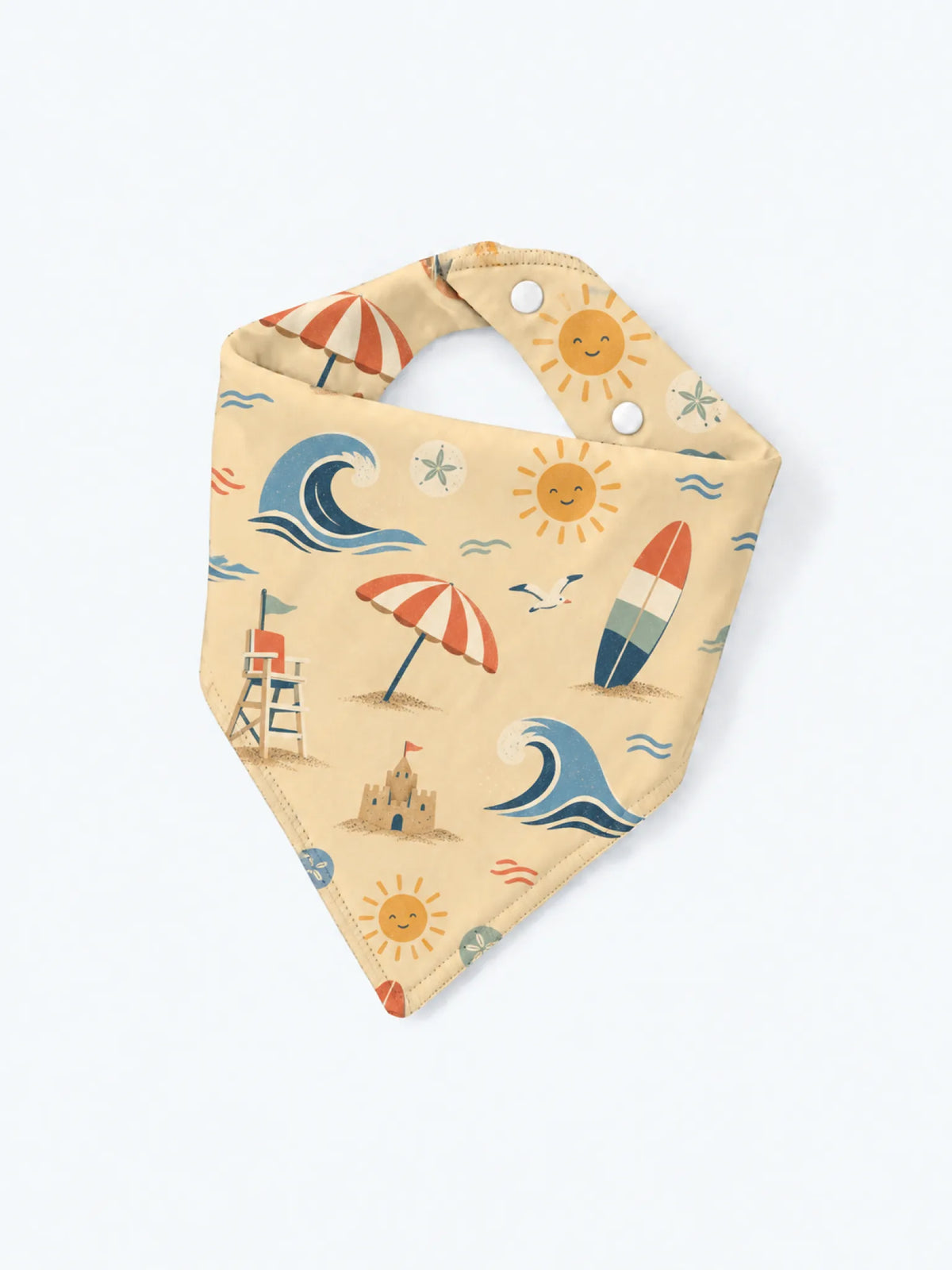 MossiBaby Beach Day baby bandana bib product view featuring waves, surfboards, beach umbrellas, sunshine and sandcastles on a warm yellow ground