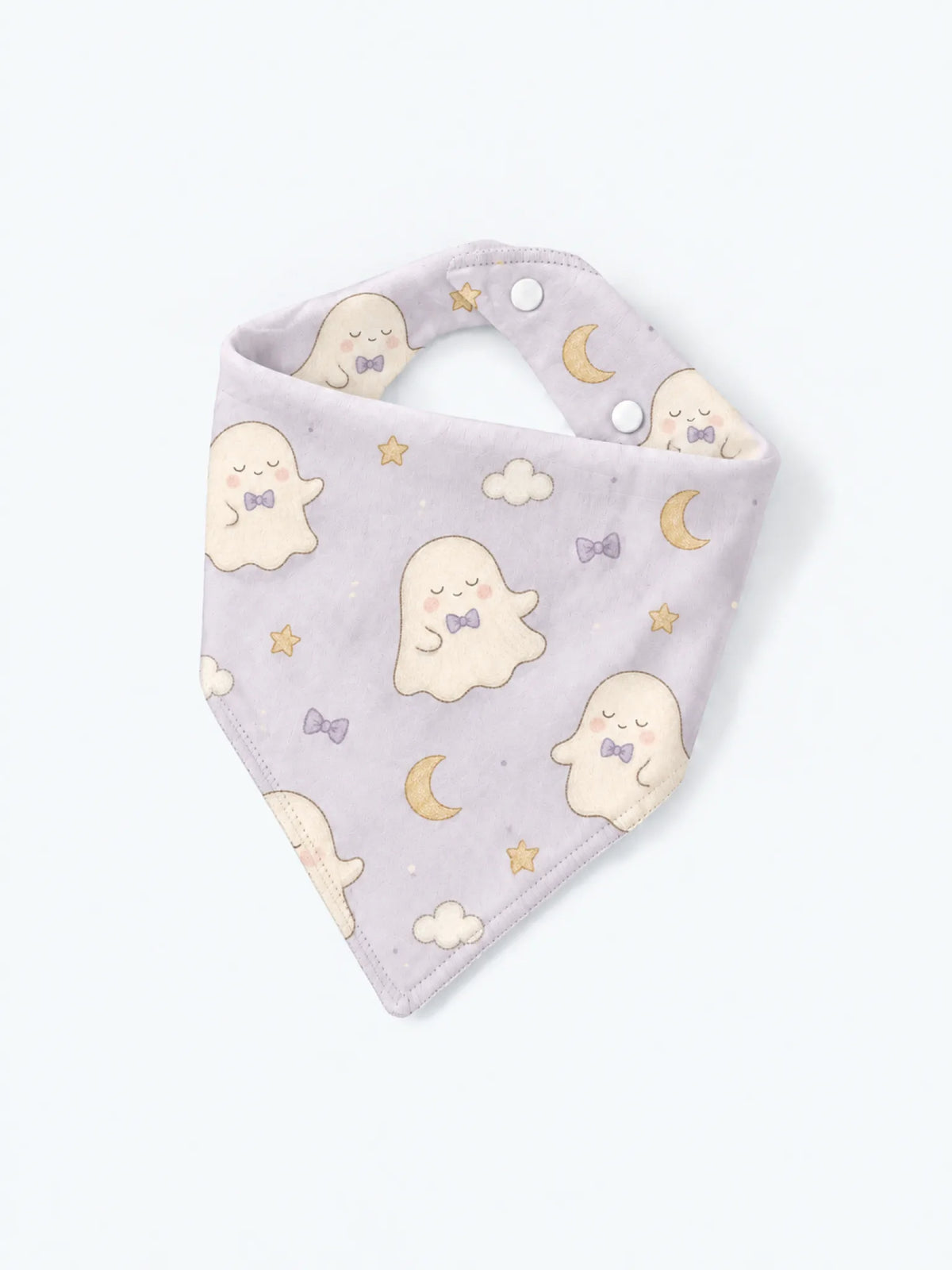 MossiBaby Boo & Moon baby bandana bib product view featuring playful moonlit Halloween motifs in a whimsical nighttime palette