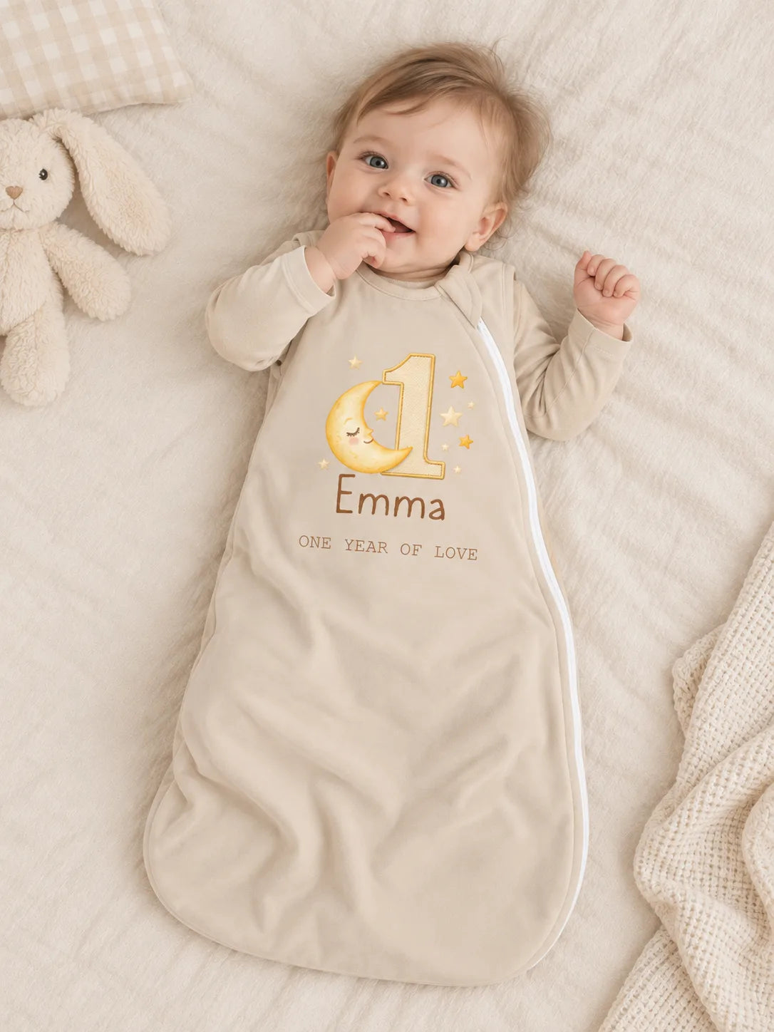 Custom first birthday baby sleep bag with moon design