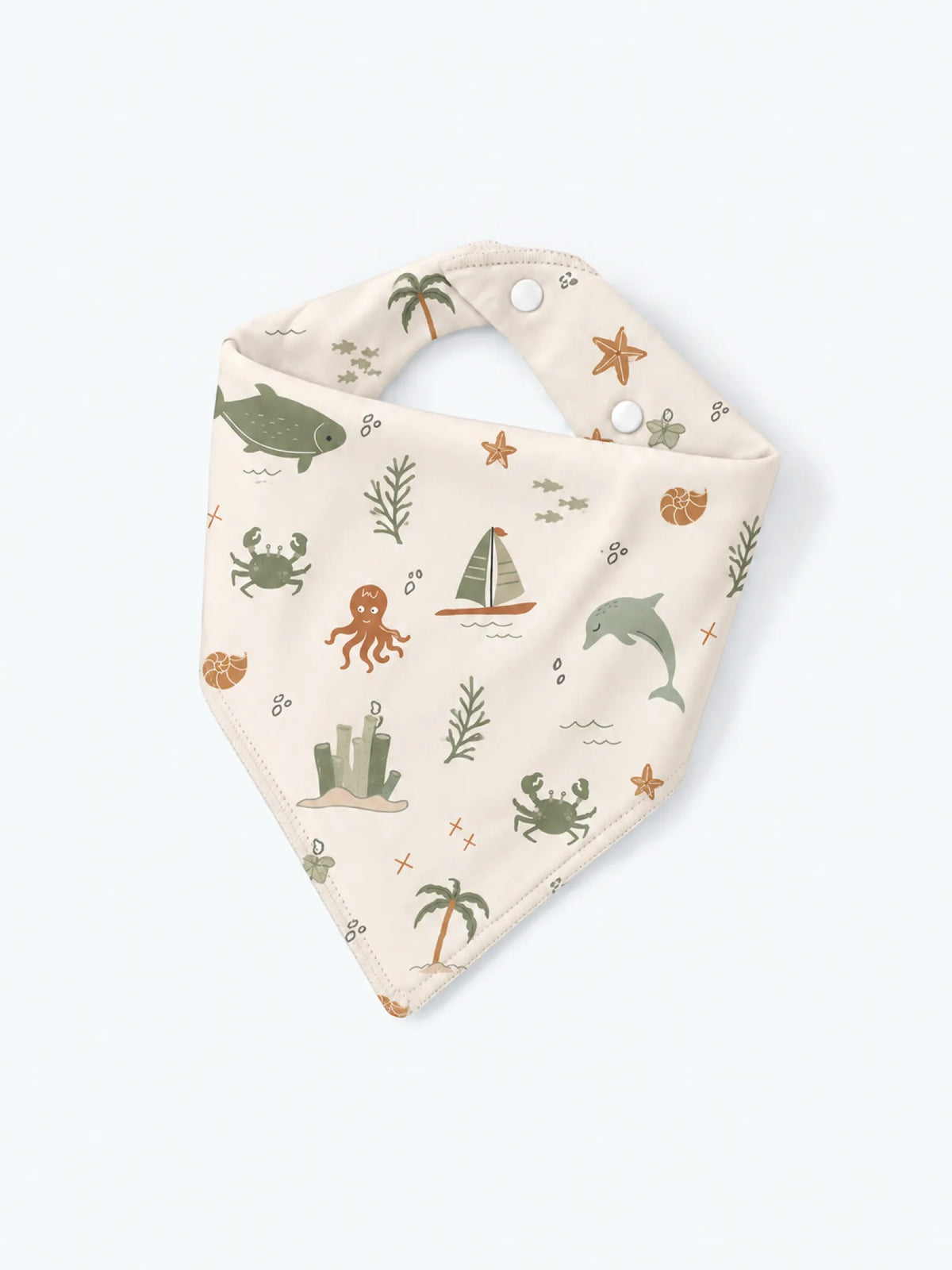 MossiBaby Coastal Friends baby bandana bib product view featuring friendly coastal creatures and ocean-inspired details