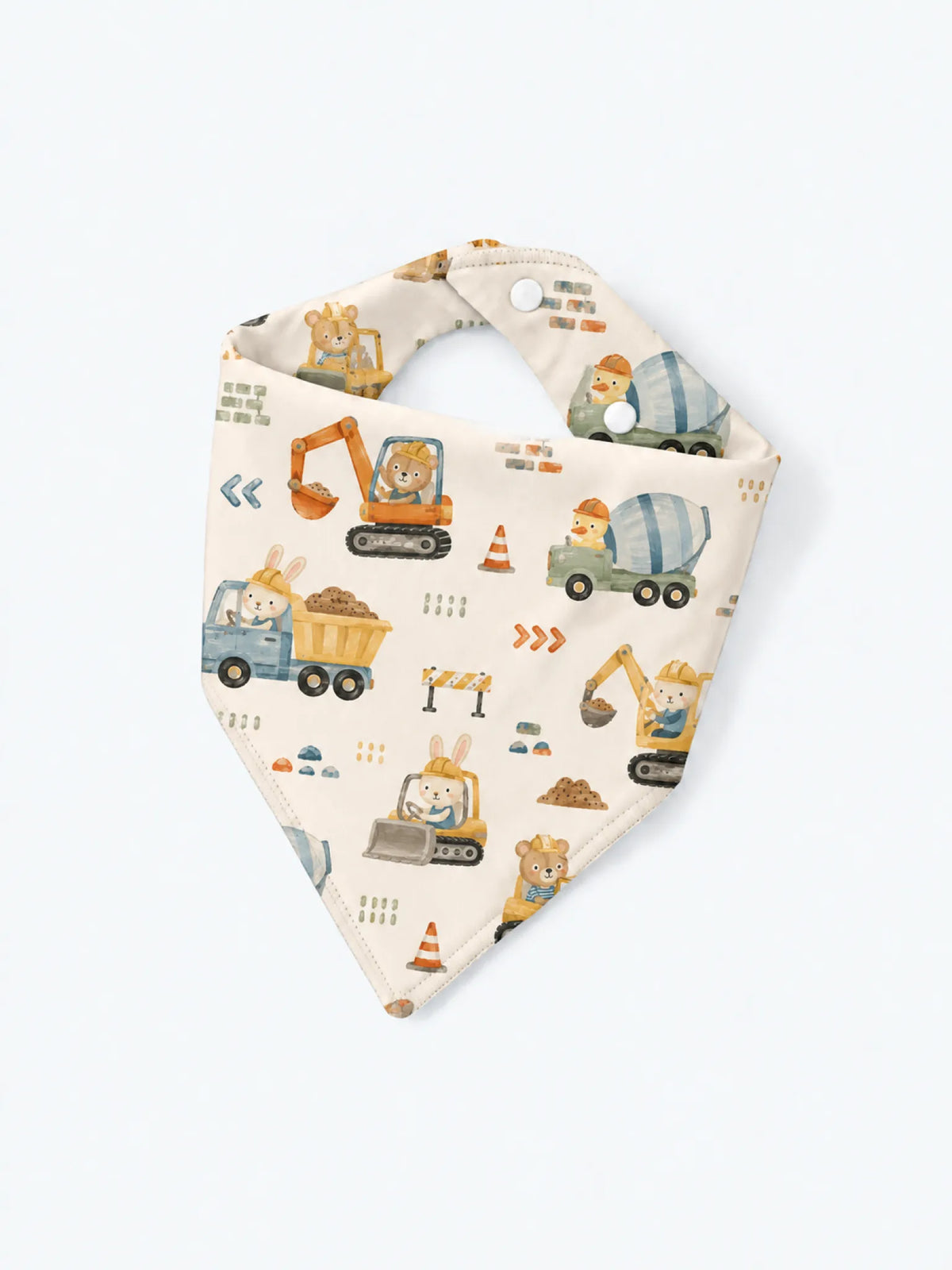 MossiBaby Construction Crew baby bandana bib product view featuring busy construction vehicles and worksite-inspired icons