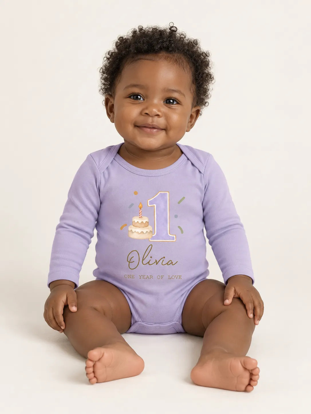 Custom baby name and first birthday message on bodysuit