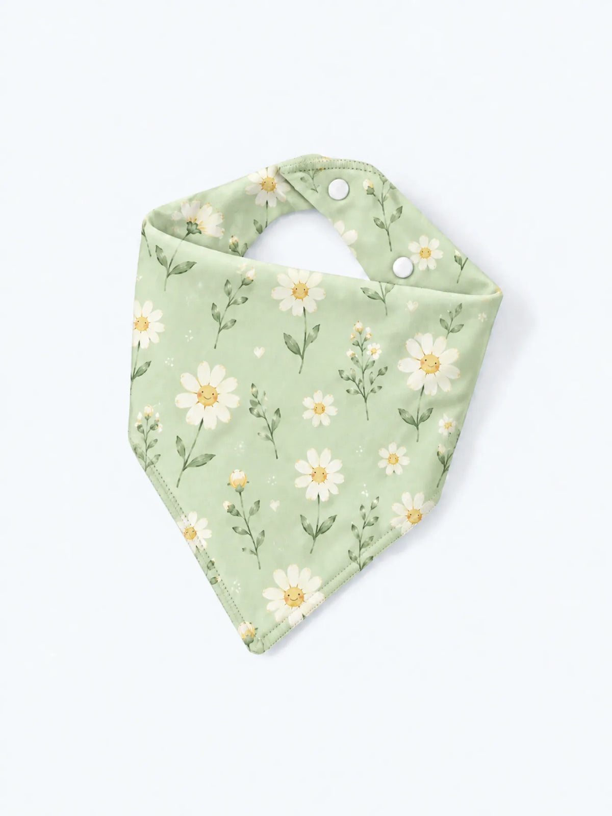 MossiBaby Daisy Meadow baby bandana bib product view featuring delicate white daisies and leafy stems on a soft green ground