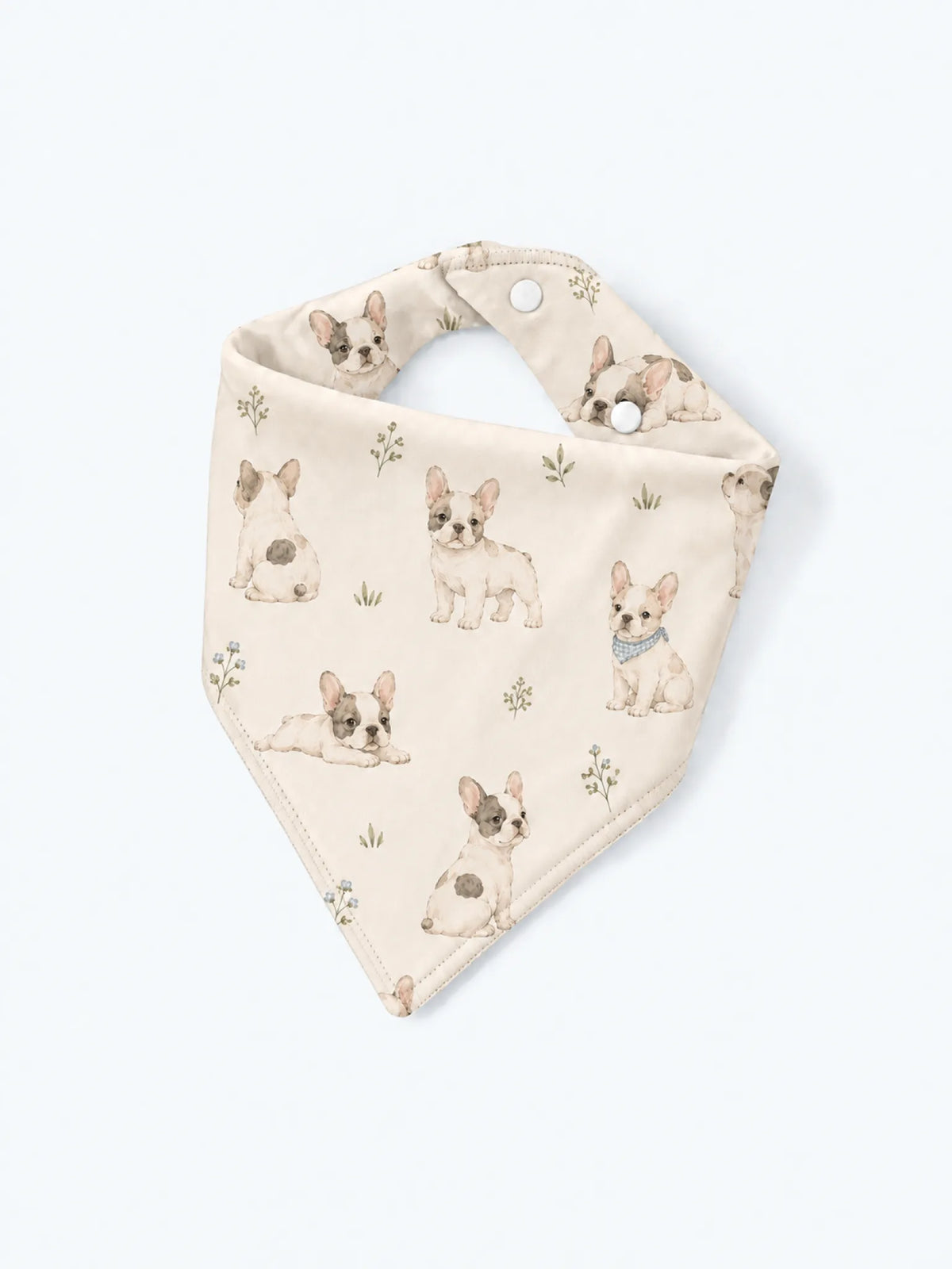 MossiBaby Frenchie Friends baby bandana bib product view featuring adorable French bulldogs with delicate botanical accents