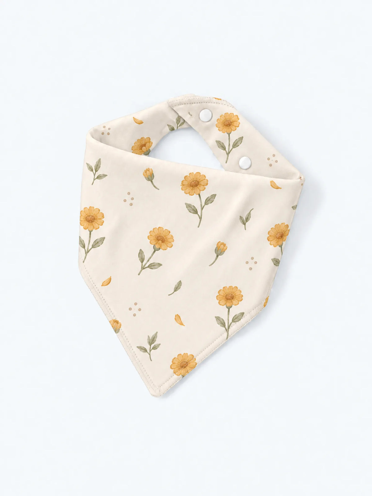 MossiBaby Golden Bloom baby bandana bib product view featuring warm golden florals and softly illustrated leaves