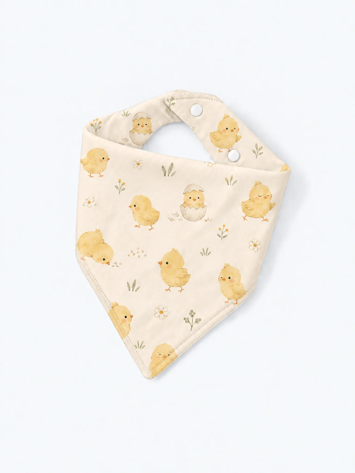 MossiBaby Little Chicks baby bandana bib product view featuring sweet little chicks in a cheerful illustrated repeat