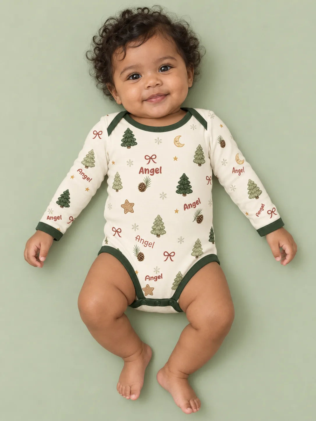 Personalized Christmas forest bamboo baby bodysuit with custom name