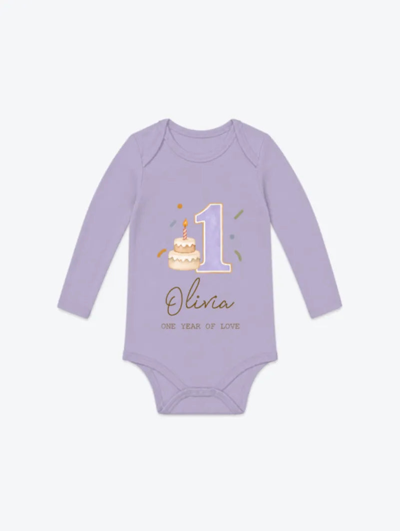 Personalized first birthday baby bodysuit with custom name and message