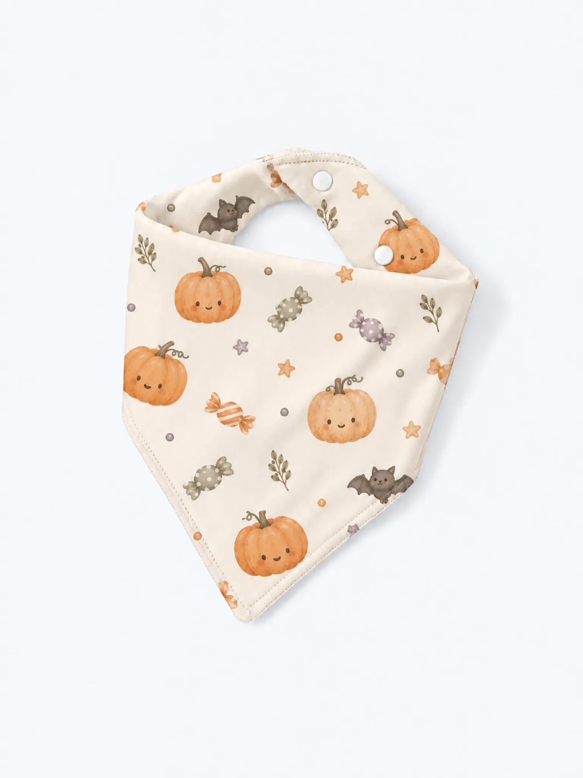 MossiBaby Pumpkin Treats baby bandana bib product view featuring festive pumpkins and playful autumn treat motifs