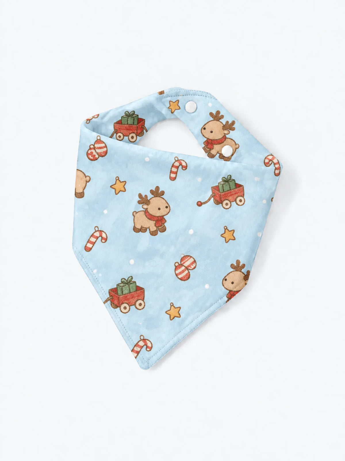 MossiBaby Reindeer Ride baby bandana bib product view featuring reindeer, candy canes, stars and holiday wagon details on a cheerful blue ground