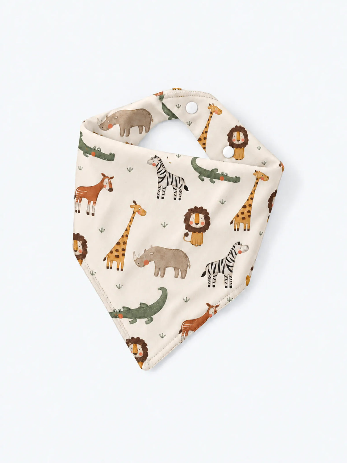 MossiBaby Safari Friends baby bandana bib product view featuring lions, giraffes, zebras, rhinos and other friendly safari animals